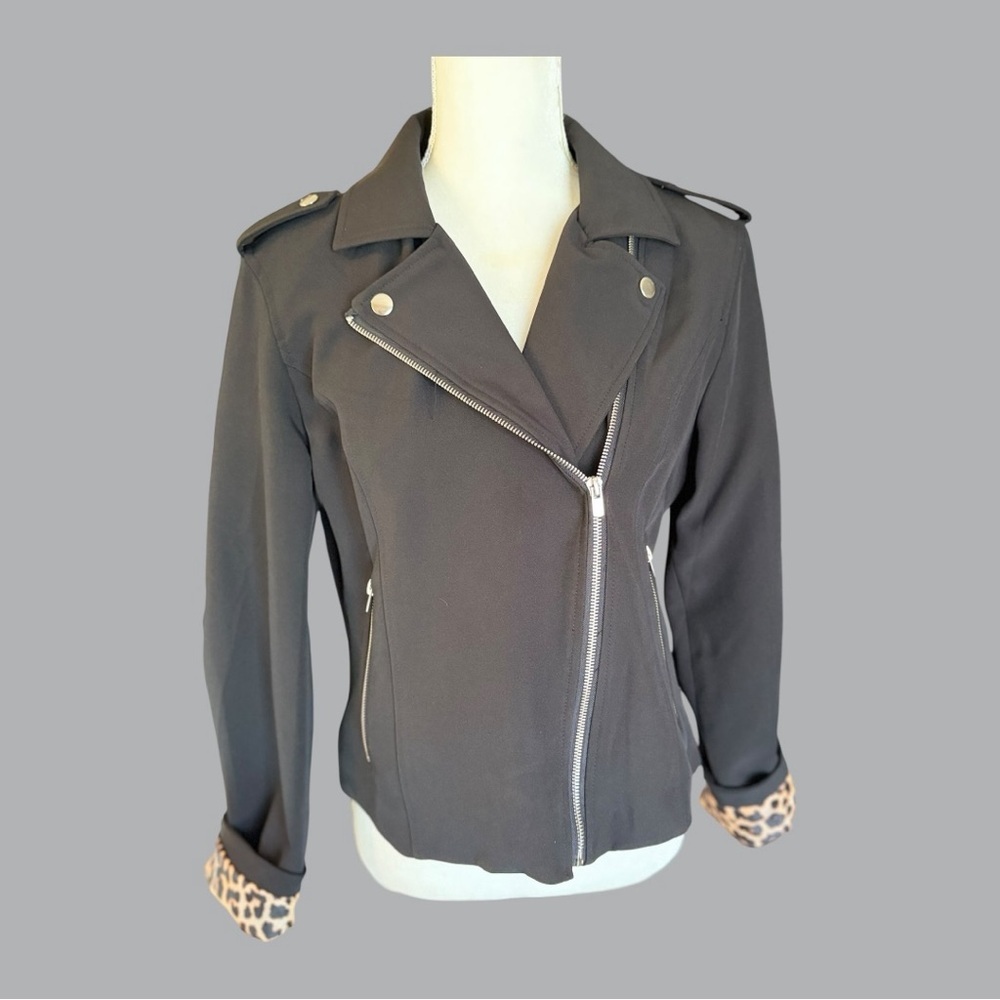 Black Women's Moto Jacket with Leopard Trim